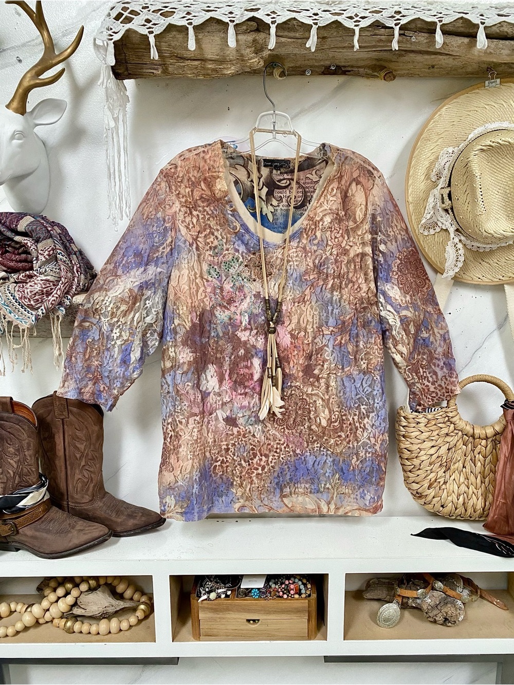 Enchanting lace boho watercolour blouse w shabby chic Gypsy rustic vibe